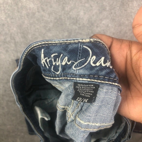 Ariya Jeans Women 13/14 Straight Leg Mid Rise Dark Blue Stretch Embroidered - Picture 4 of 10